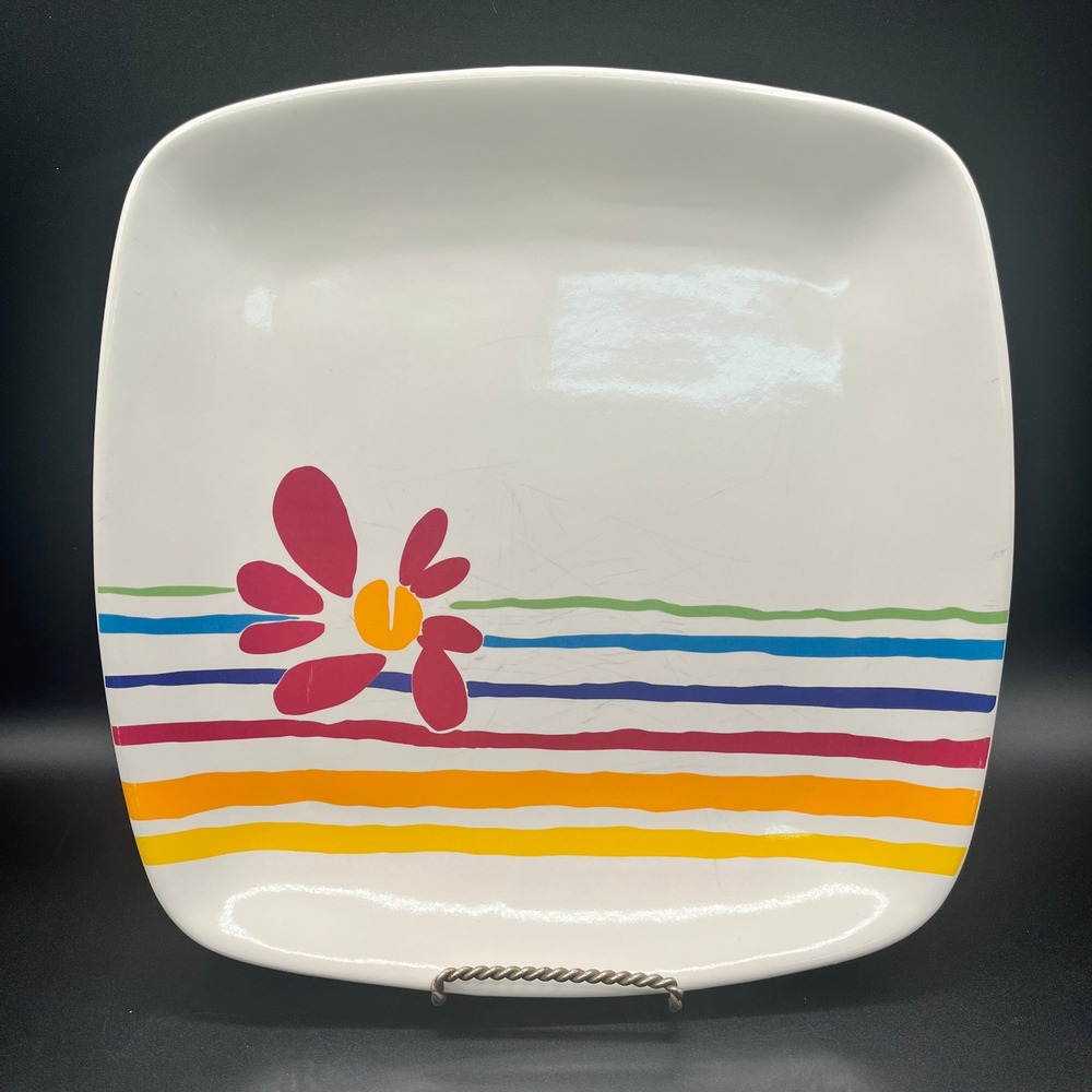 Pfaltzgraff Flourish Square Dinner Plate Flower Stripes 10.5" As Is‎ Retired